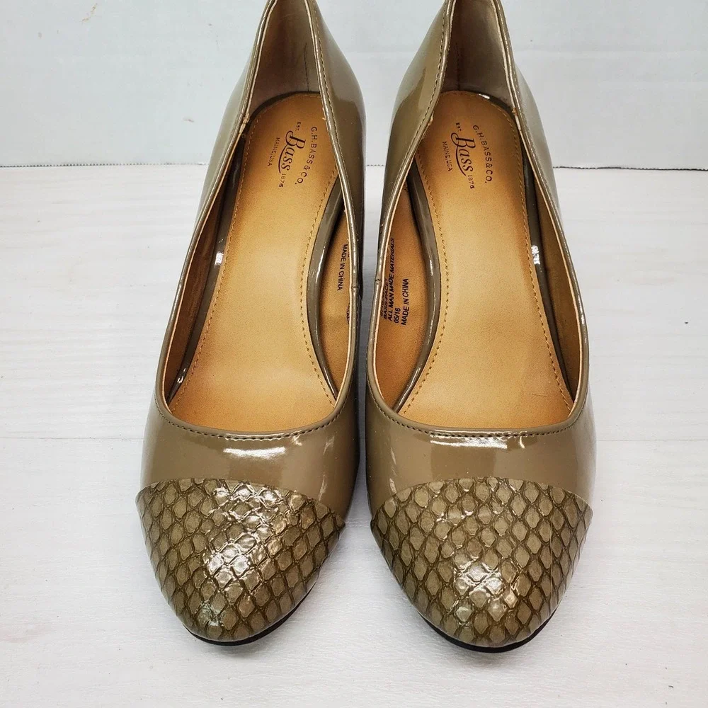 New G.H. Bass Pacey Nude Tan Faux Snakeskin Toe Heel Pumps 7M Grandma‎ Core